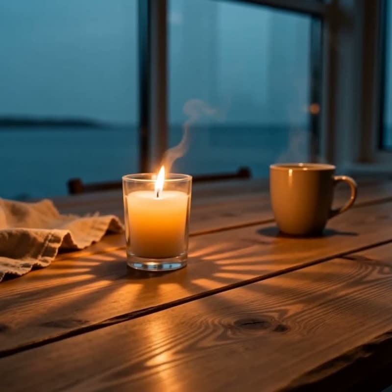 Kerze und Tasse am Fenster, Ostsee in der Dämmerung
